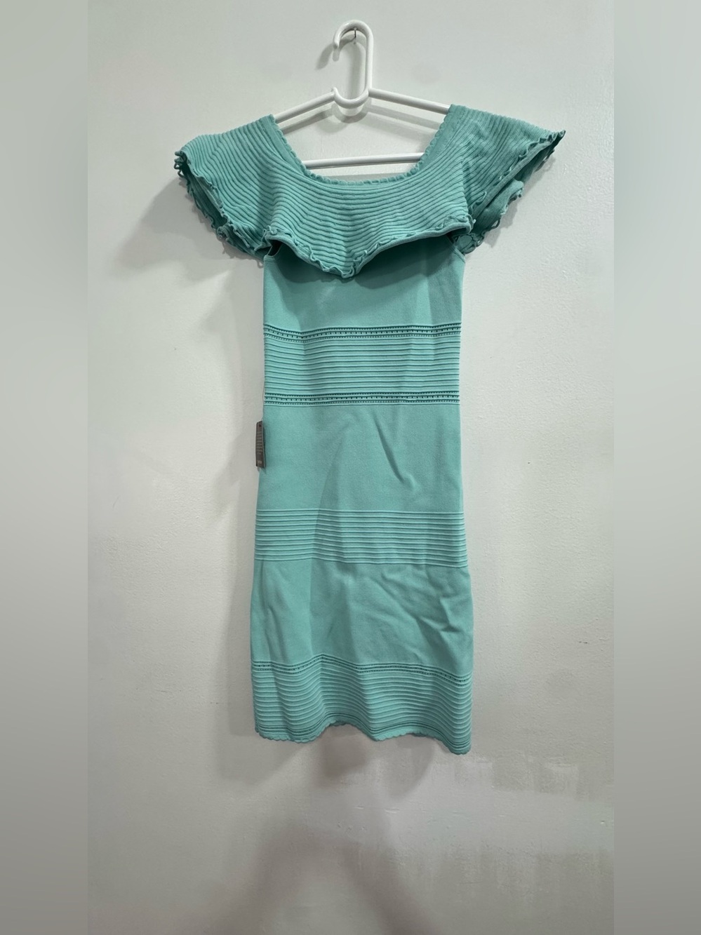 bebe Aqua Ribbed Off-Shoulder Mini Dress